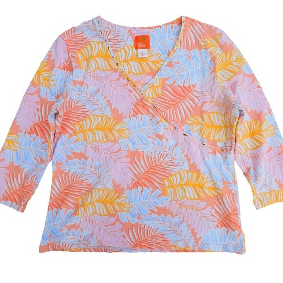 Hearts Of Palm -618 Embellished V‎ Neck 3/4 Sleeve T-Shirt Tropical Leaf Print M - Picture 1 of 5